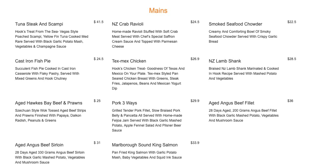 Menu at The Hook restaurant, Lower Hutt