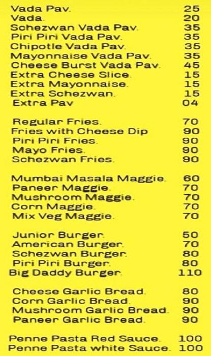 Menu of Vadapav. Com, Ambernath, Thane
