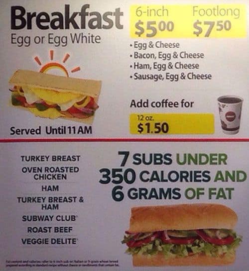 Subway Nutrition Chart Canada