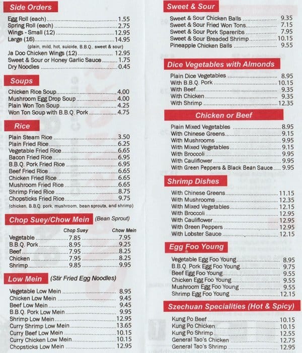 Menu at Chopsticks restaurant, North Bay