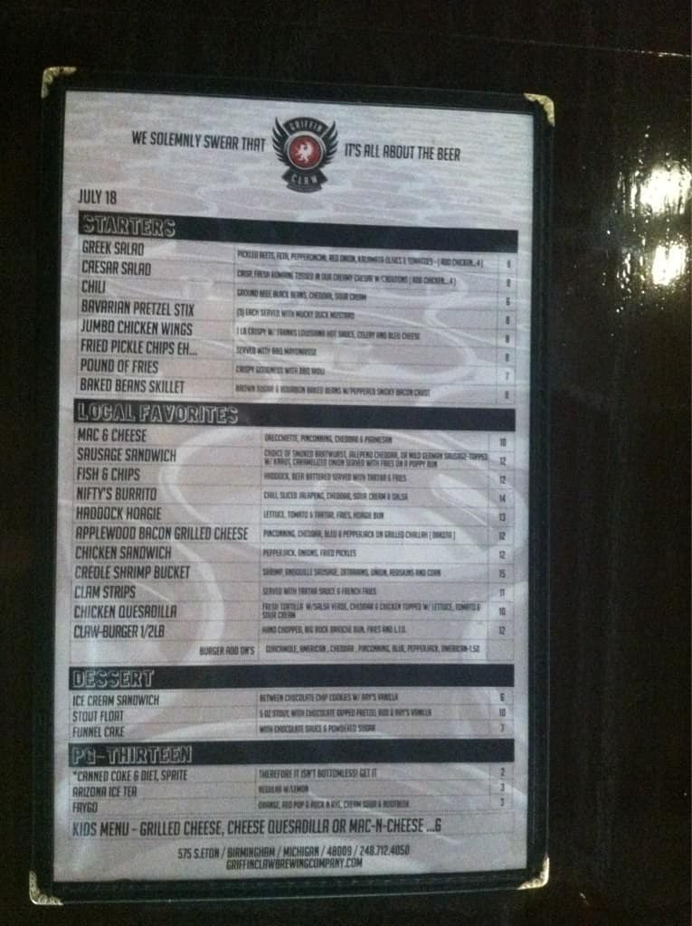 Griffin Claw Brewing Company (GCBC) Menu - Urbanspoon/Zomato