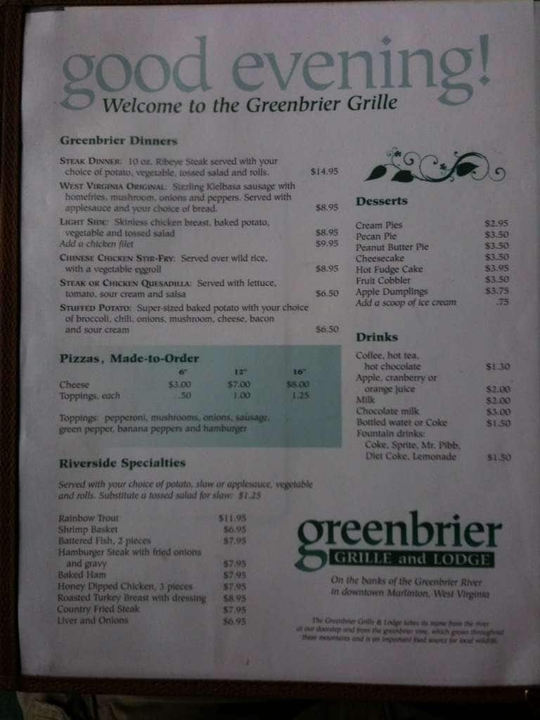 Menu at Greenbrier Grille and Lodge restaurant, Marlinton