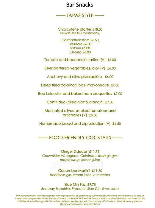 Park Terrace Restaurant menu