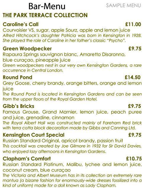 Park Terrace Restaurant menu