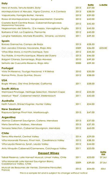 Park Terrace Restaurant menu