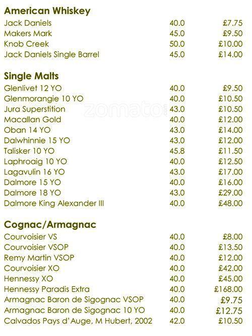 Park Terrace Restaurant menu