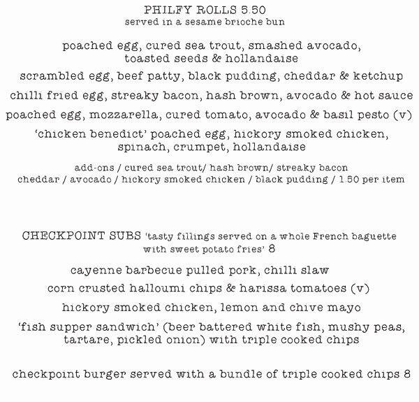 Menu at Checkpoint pub & bar, Edinburgh