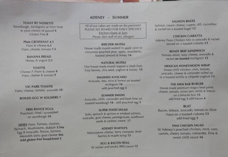 Adeney Milk Bar Menu, Menu for Adeney Milk Bar, Kew, Melbourne