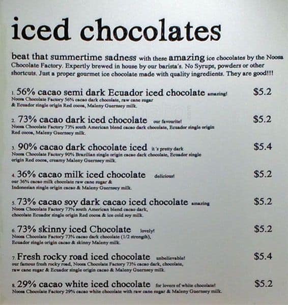 Noosa Chocolate Factory Menu, Menu for Noosa Chocolate Factory
