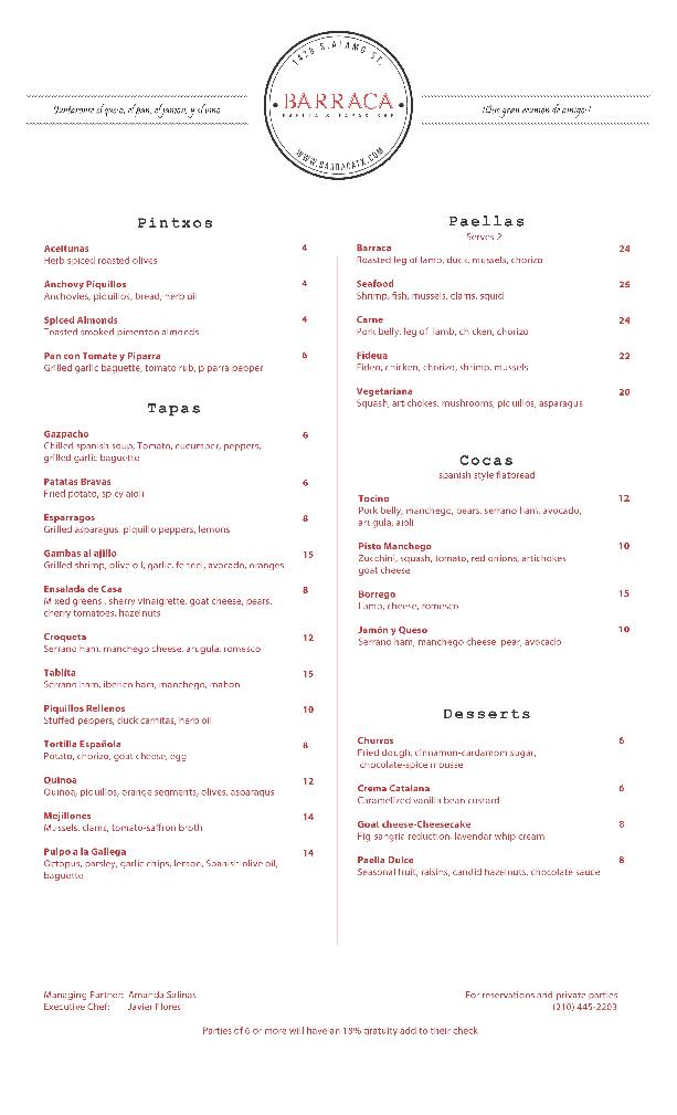 Barraca Paella Tapas Bar Menu, Menu for Barraca Paella Tapas Bar, King