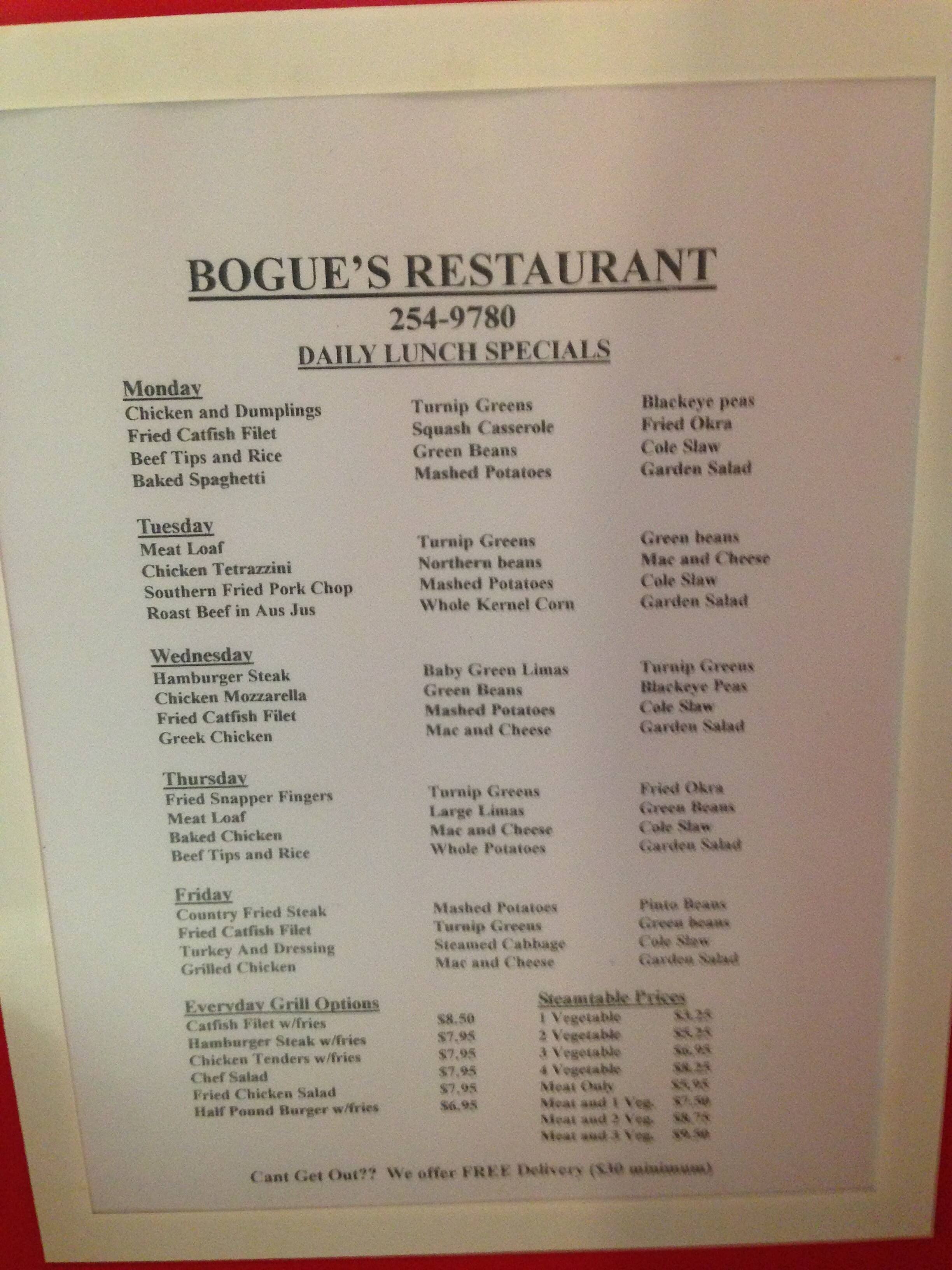 Menu At Bogue s Restaurant Birmingham Clairmont Ave