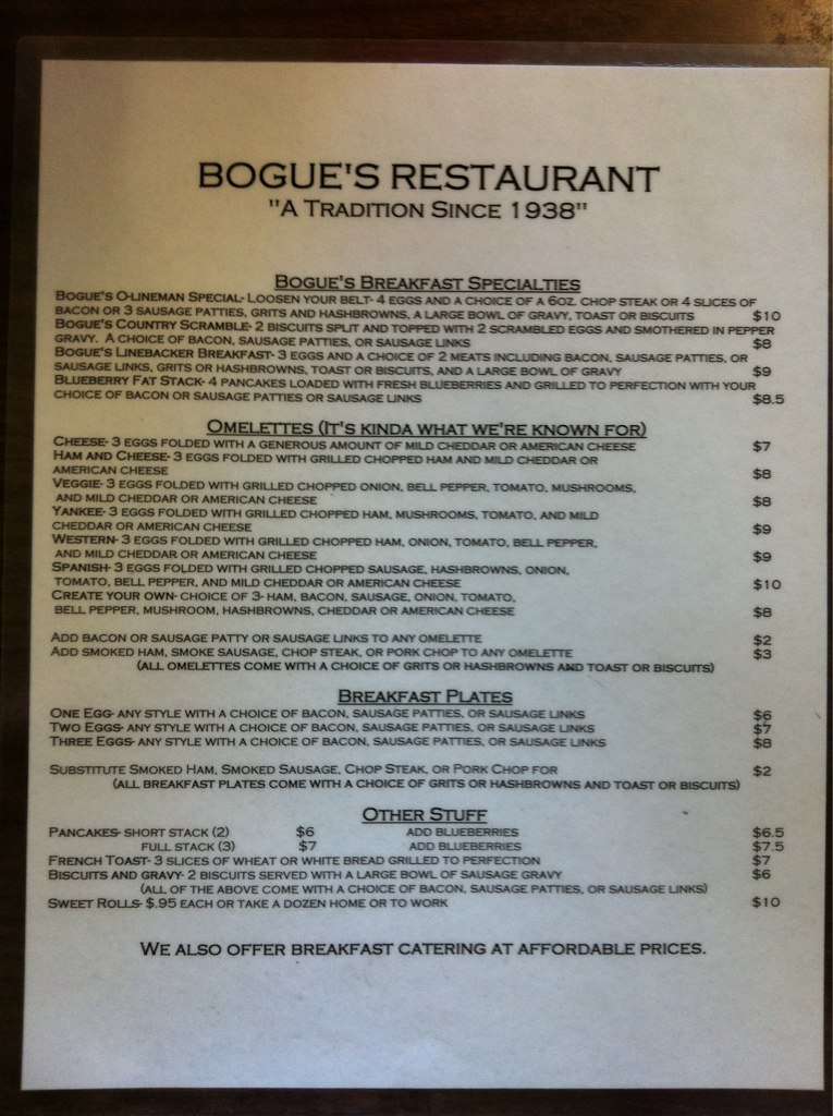 Menu at Bogue's restaurant, Birmingham, Clairmont Ave