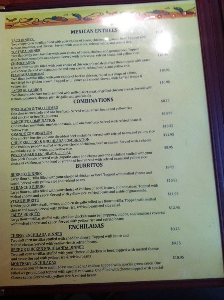 Carta de Mi Rancho Mexican Restaurant