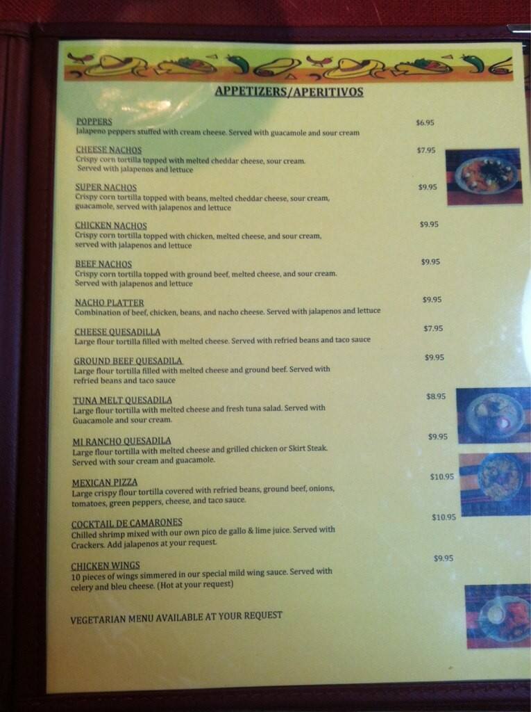 Carta de Mi Rancho Mexican Restaurant