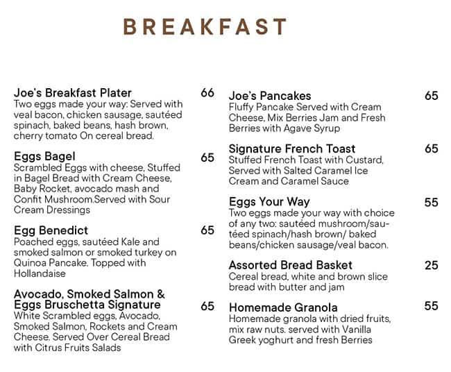 Menu at Joe's Café Dubai cafe, Dubai, Dubai Mall Dubai mall fashion