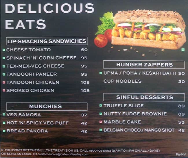 Cafe Coffee Day menu
