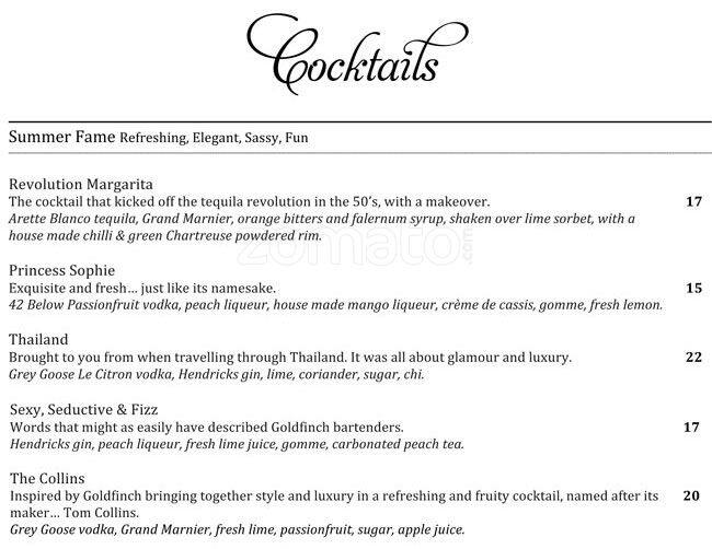 Goldfinch menu