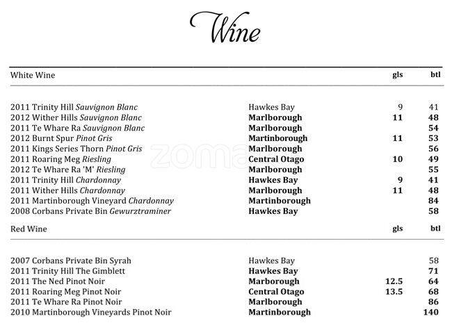 Goldfinch menu