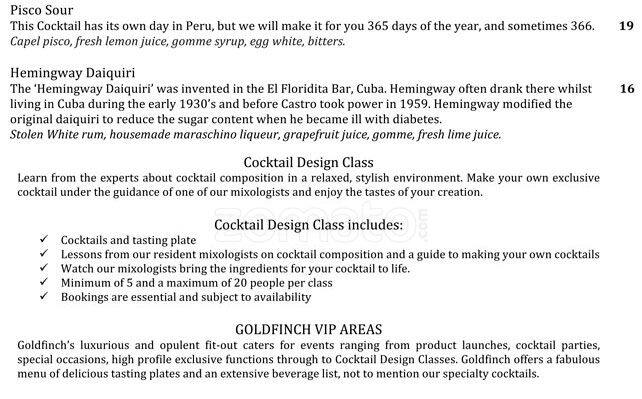 Goldfinch menu