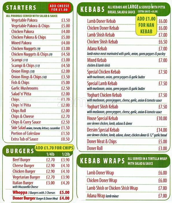 Dersim Kebab House menu