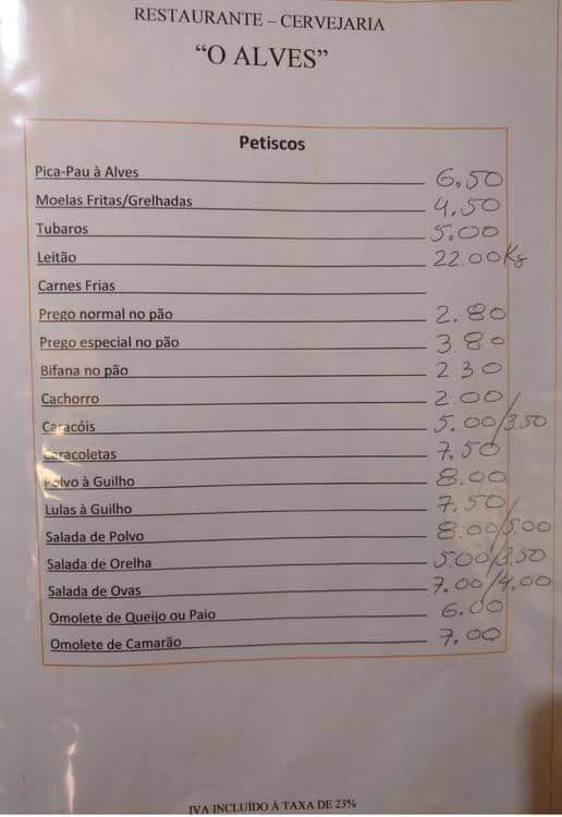 Alves Meat Menu Carta del restaurante O Alves, Lisboa