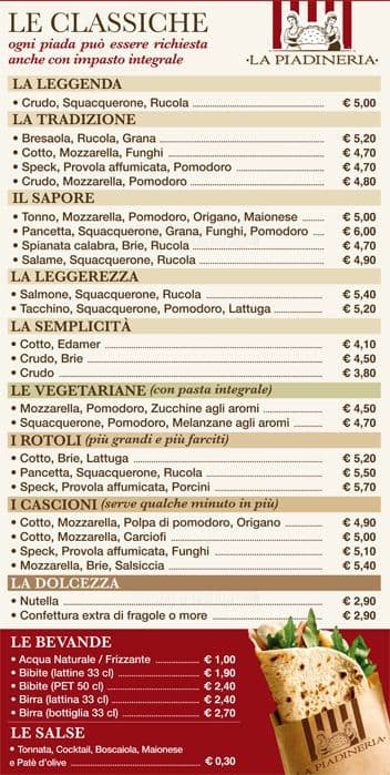 Menu di La Piadineria 