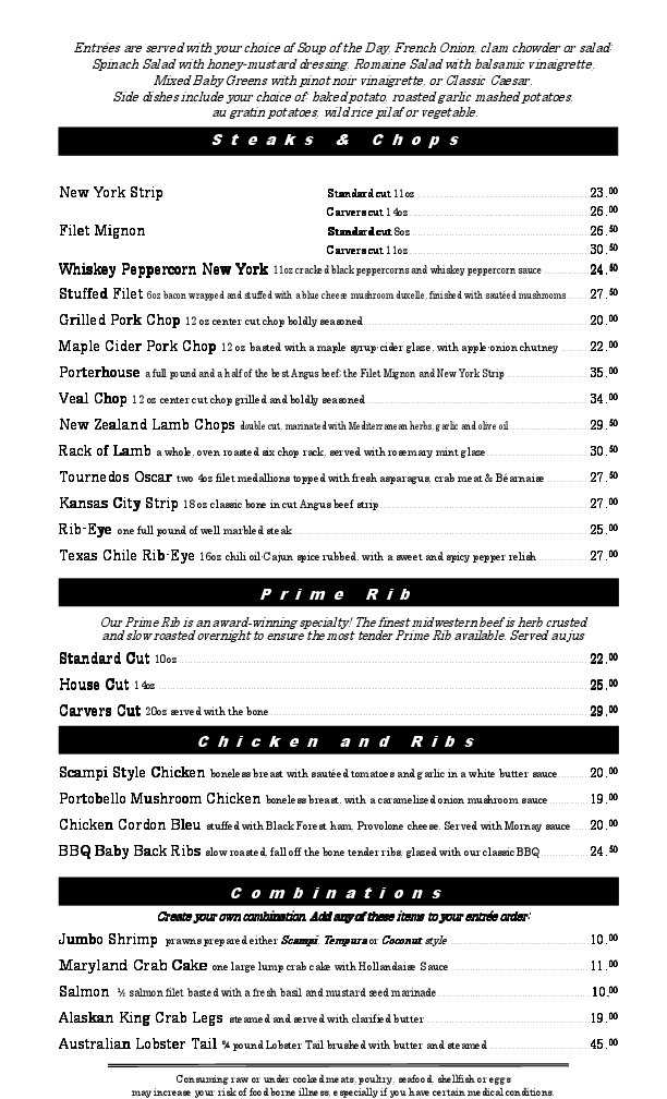 Menu at Carvers Steaks & Chops steakhouse, Dayton