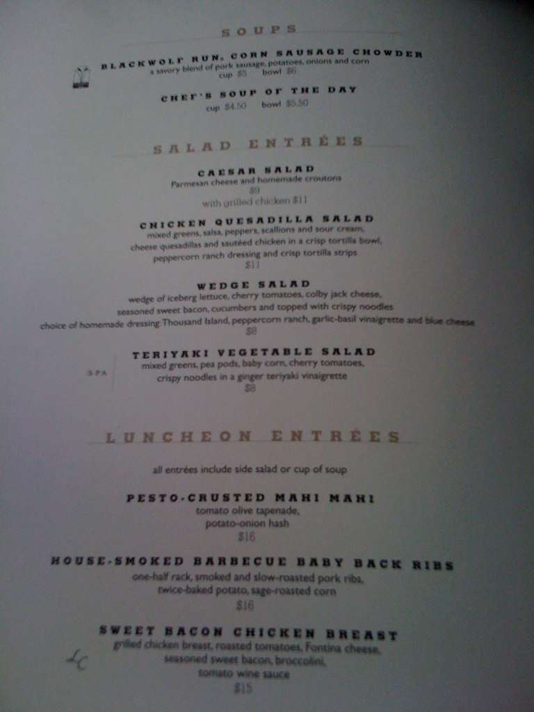 Blackwolf Run Restaurant Menu, Menu for Blackwolf Run Restaurant