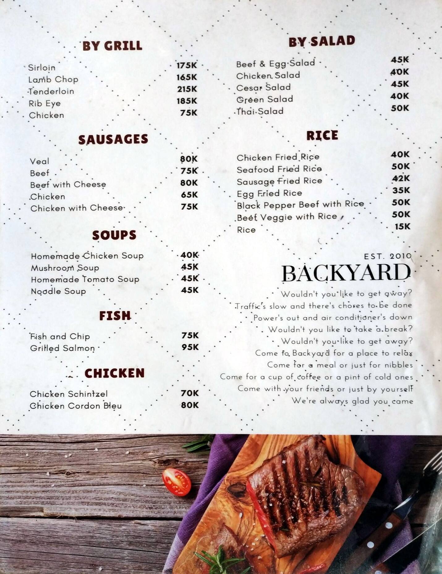 Carta de Backyard Bar & Pub