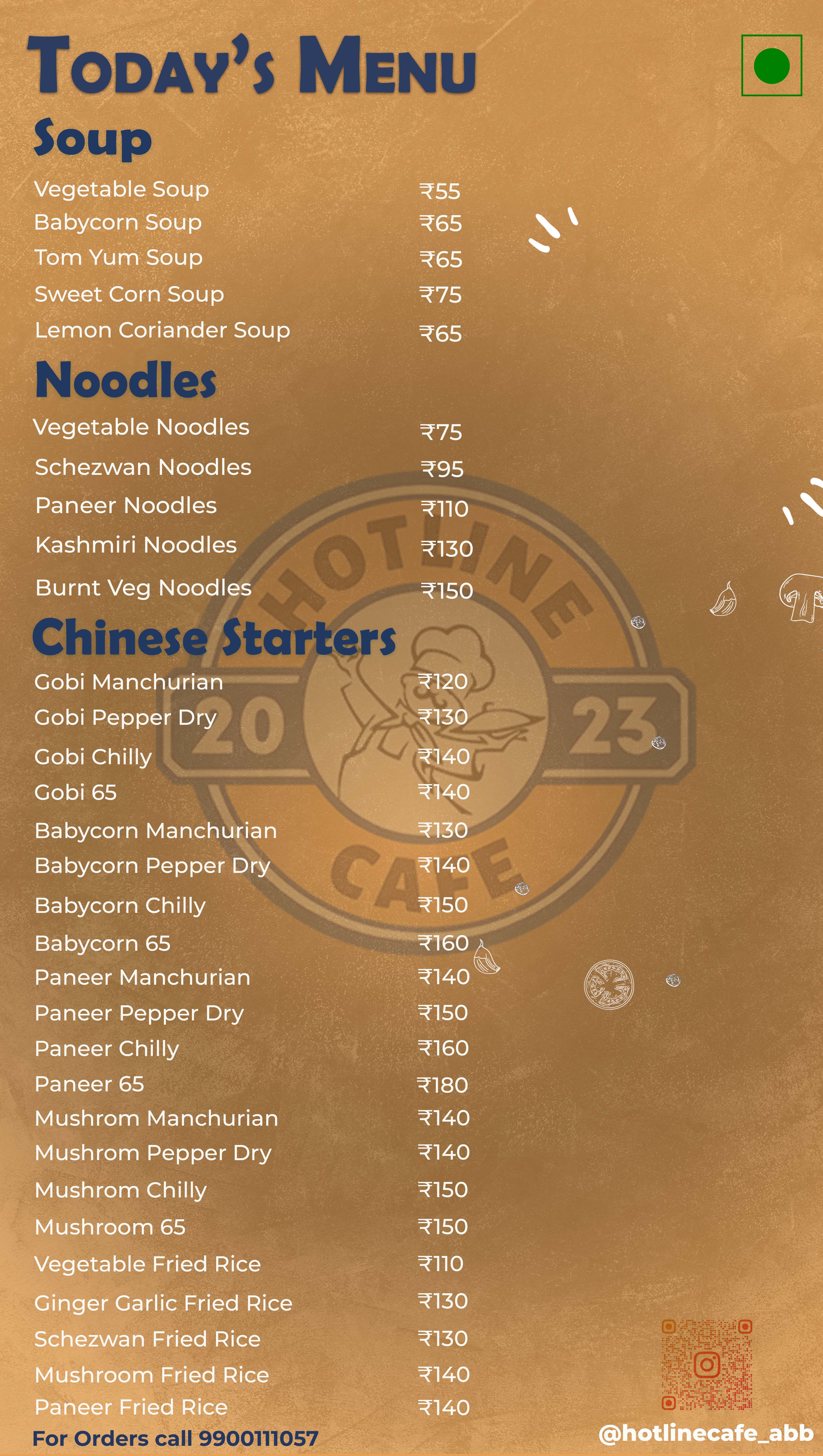 Menu of Hotline Cafe, Jalahalli, Bangalore