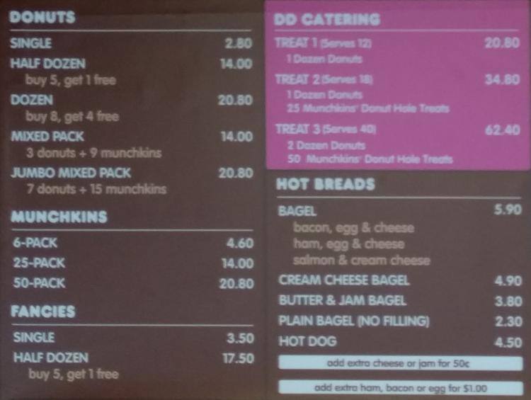 Dunkin' Donuts Menu, Menu for Dunkin' Donuts, Botany Downs, Auckland