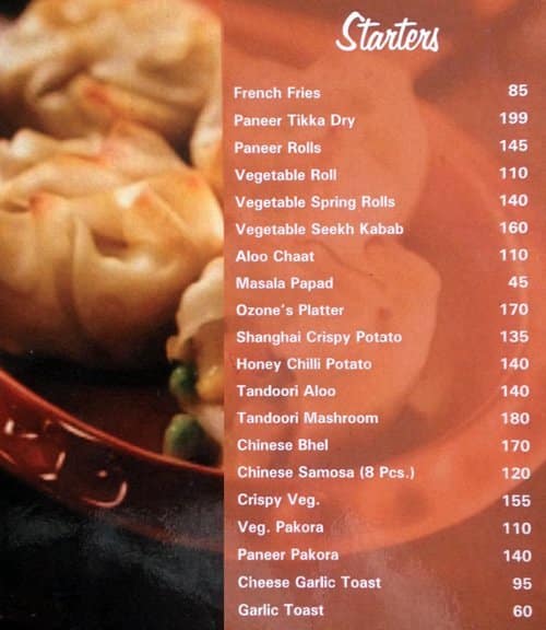 Ozone Resto Lounge menu