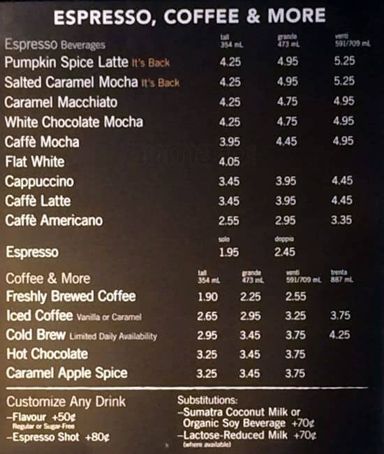 starbucks prices 2017