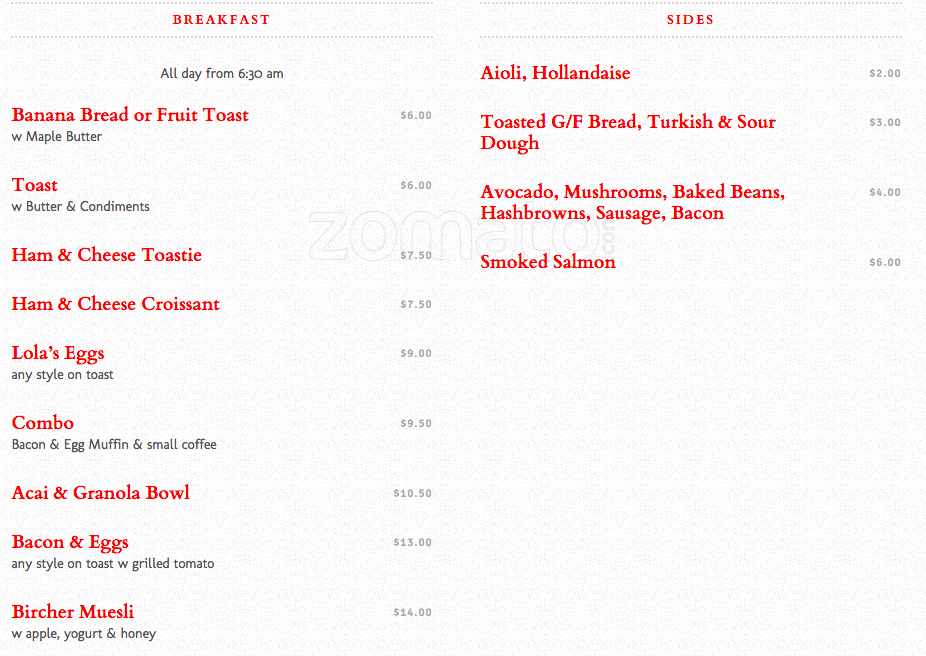 Lolas Restaurant Cafe Bar a Gold Coast Foto del Menu con Prezzi