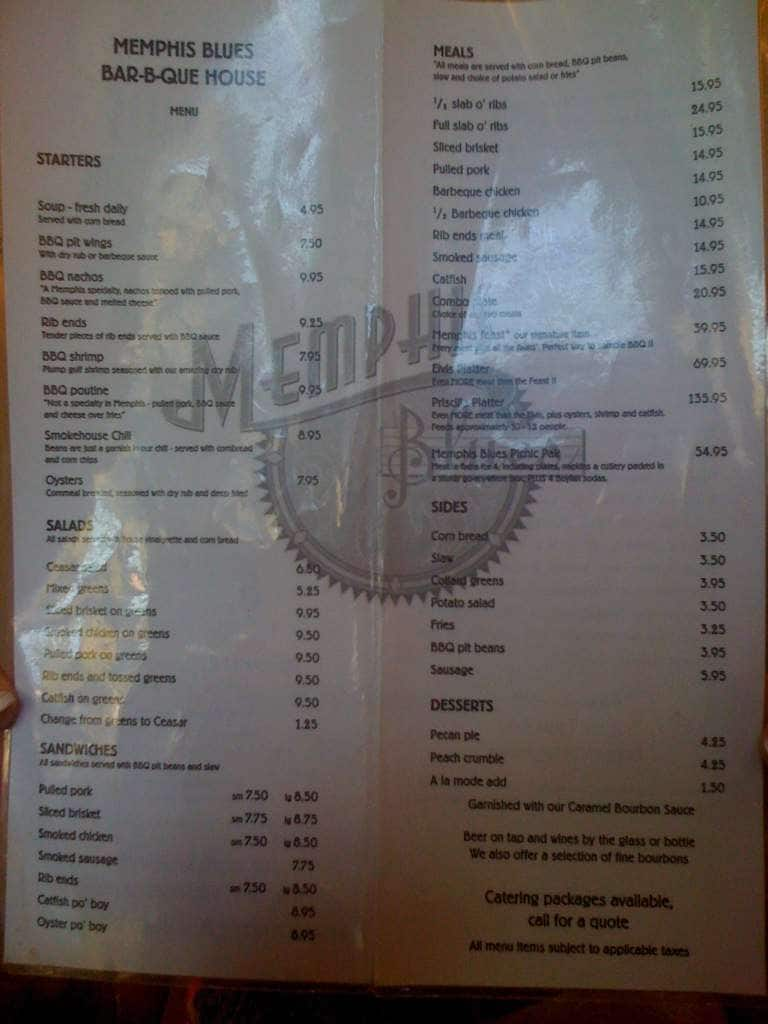 Memphis Blues Barbeque House Menu - Urbanspoon/Zomato