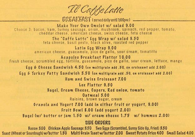 Il Caffe Latte menu