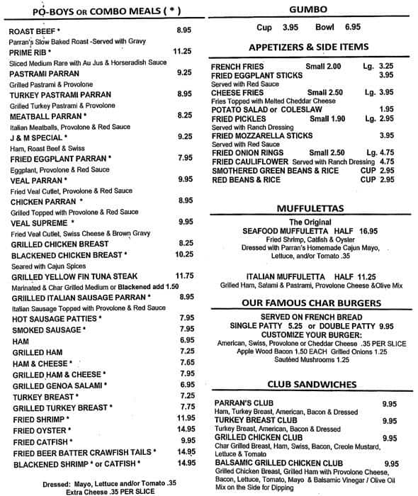 Parran's Po-Boys & Restaurant Menu - Urbanspoon/Zomato