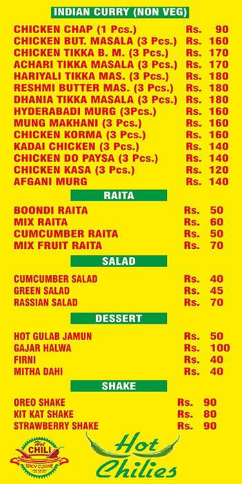 Hot Chilies menu
