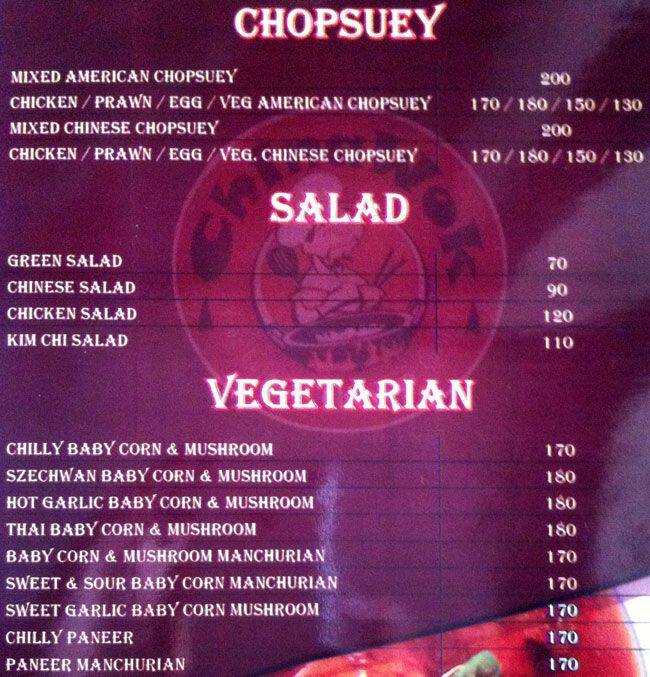Menu at ChinaWok, Guwahati