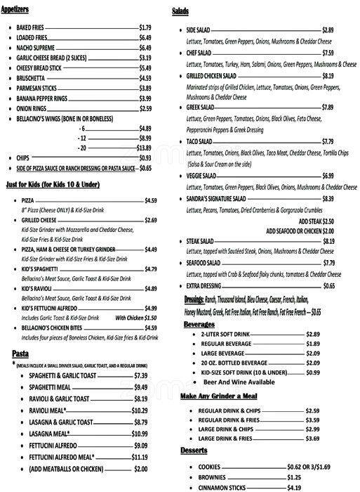 Menu at Bellacino's Pizza & Grinders pizzeria, Nicholasville, 161 E