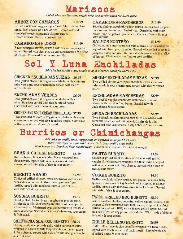 Menu at Sol y Luna restaurant, Hendersonville, Brevard Rd