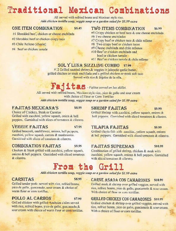 Menu at Sol y Luna restaurant, Hendersonville, Brevard Rd