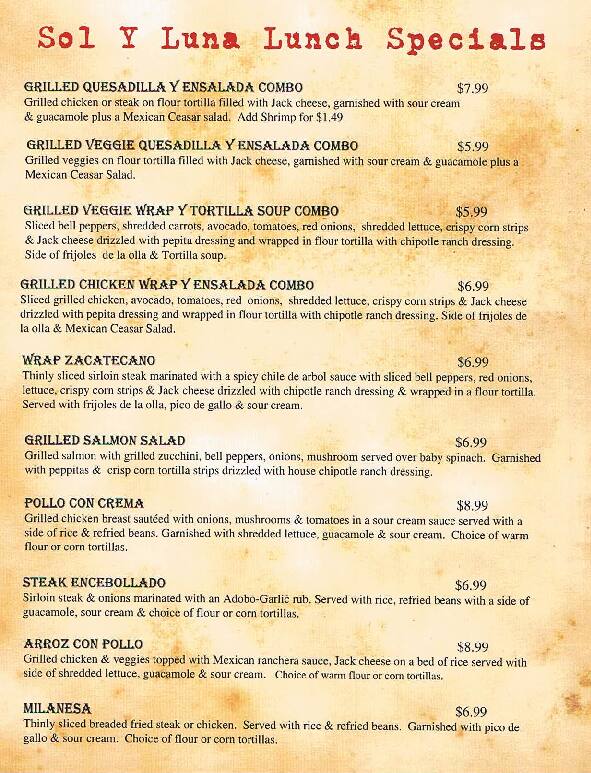 Menu at Sol y Luna restaurant, Hendersonville, Brevard Rd