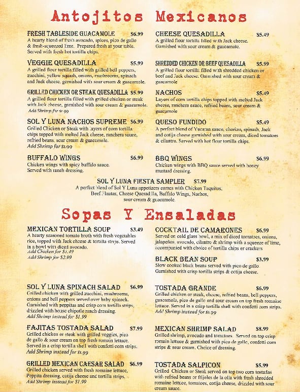 Menu at Sol y Luna restaurant, Hendersonville, Brevard Rd