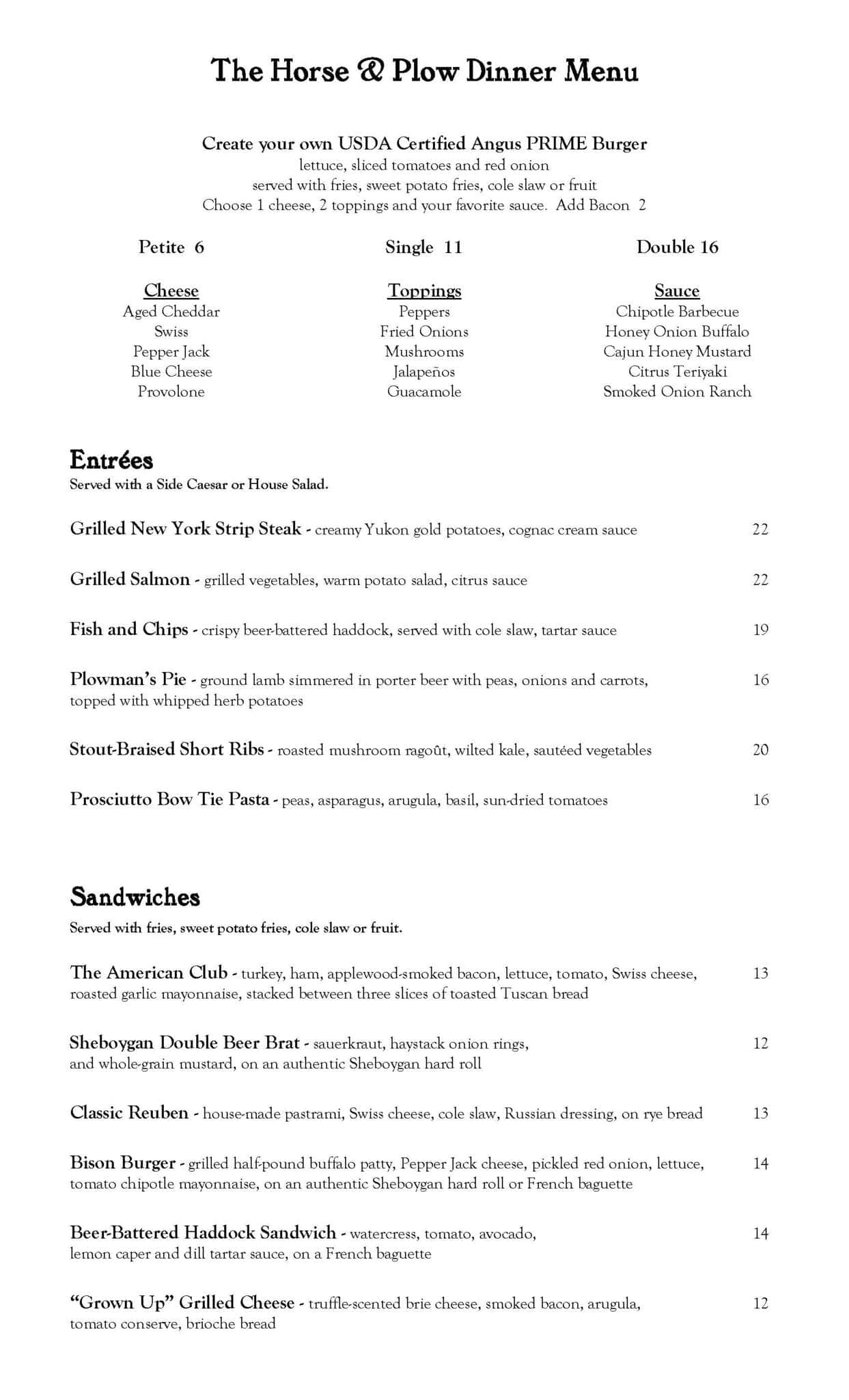 Menu at the horse plow pub bar kohler