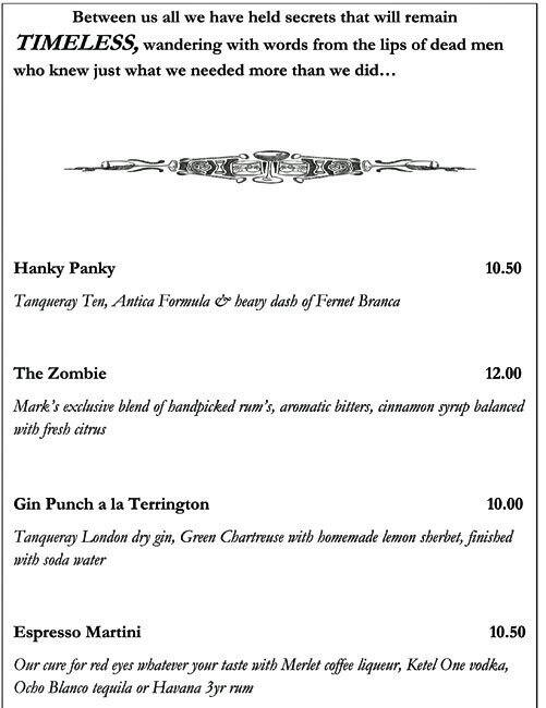 Mark's Bar menu