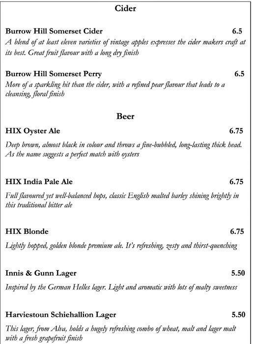 Mark's Bar menu