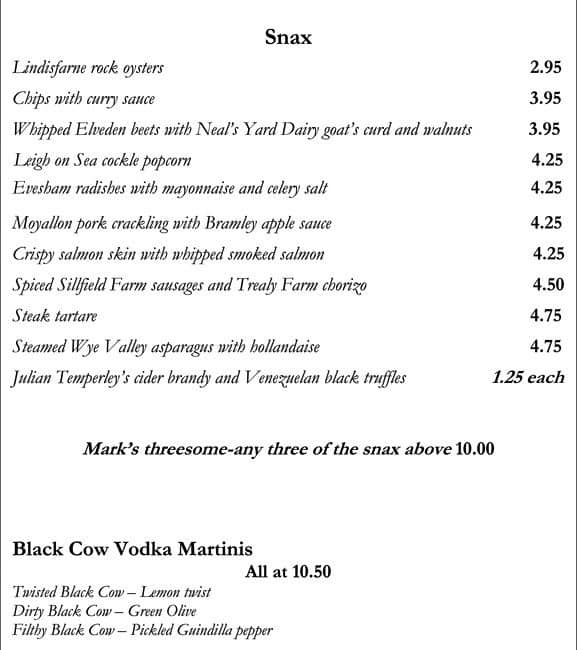 Mark's Bar menu