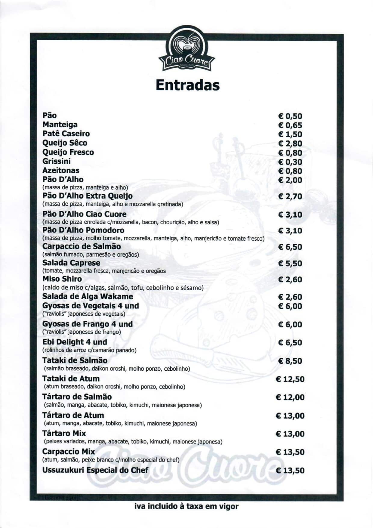 Ciao Cuore Menu Menu For Ciao Cuore Massama Lisboa