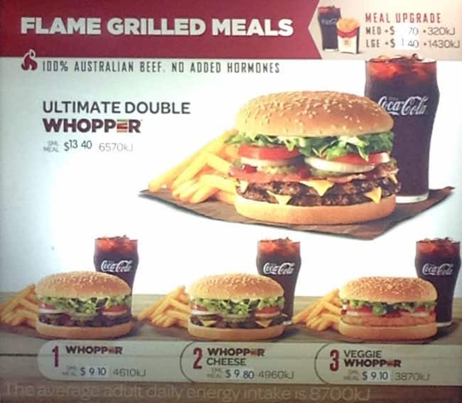 Menu at Hungry Jack's fast food, Thornlie